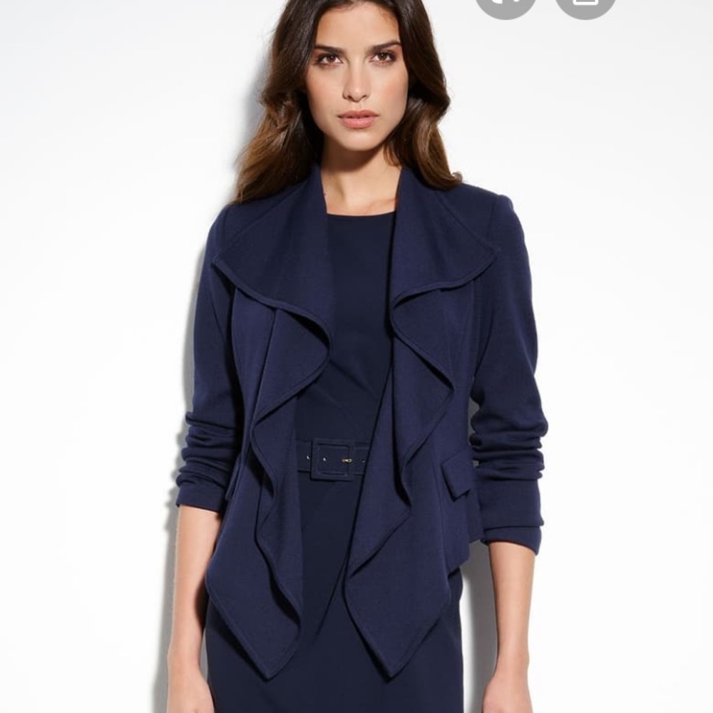 St John Collection Size 8 Blue Ruffle Front Milano Knit Jacket